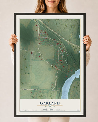 Map of Garland, Arkansas, 24 x 36 inch print in a black wood frame