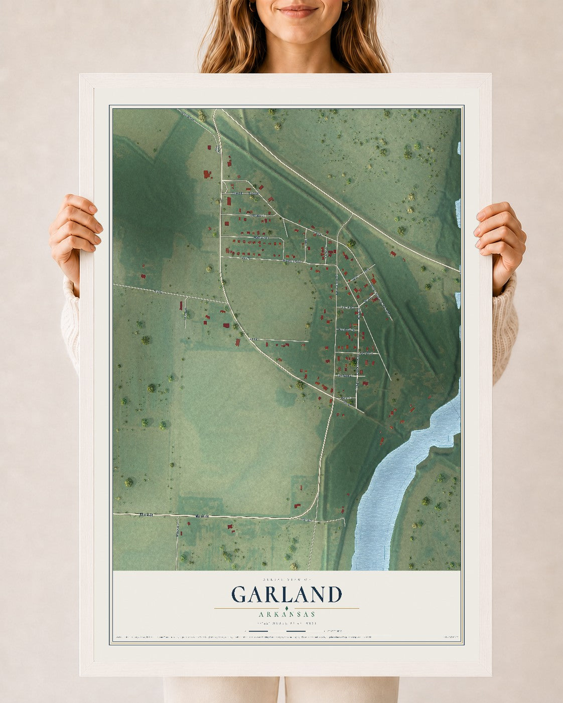 Map of Garland, Arkansas, 24 x 36 inch print in a white wood frame