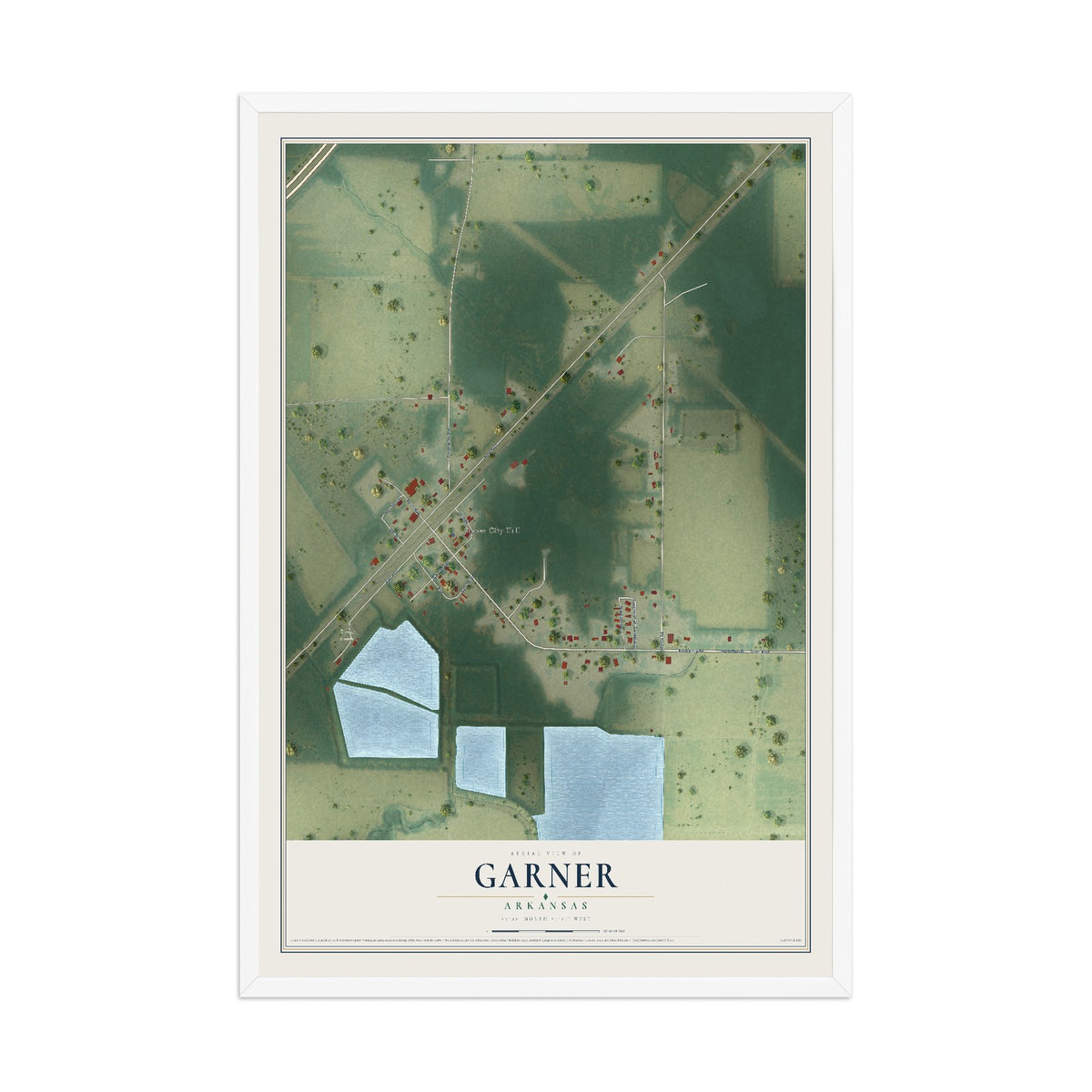 Map of Garner, Arkansas, 12 x 18 inch print in a white wood frame