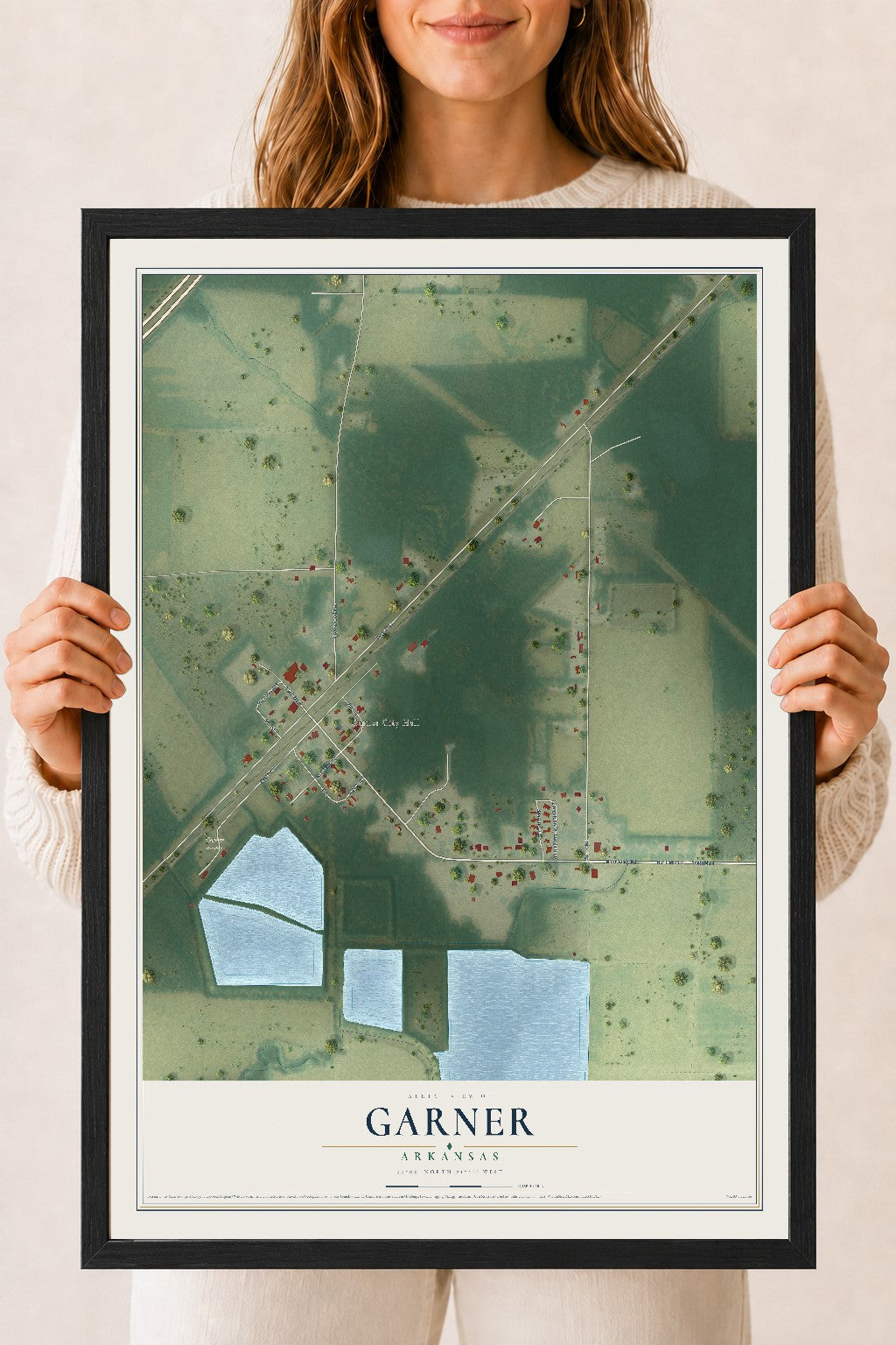 Map of Garner, Arkansas, 18 x 24 inch print in a black wood frame