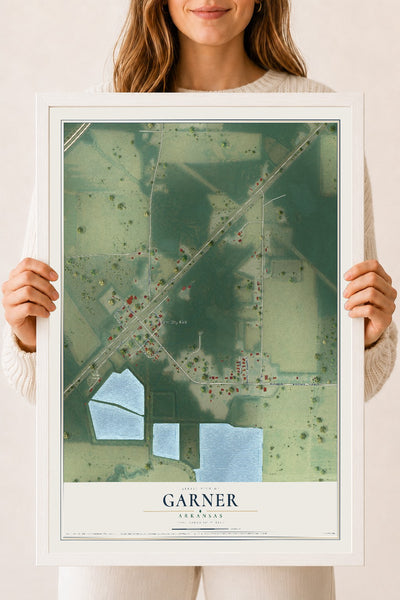 Map of Garner, Arkansas, 18 x 24 inch print in a white wood frame