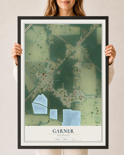 Map of Garner, Arkansas, 24 x 36 inch print in a black wood frame