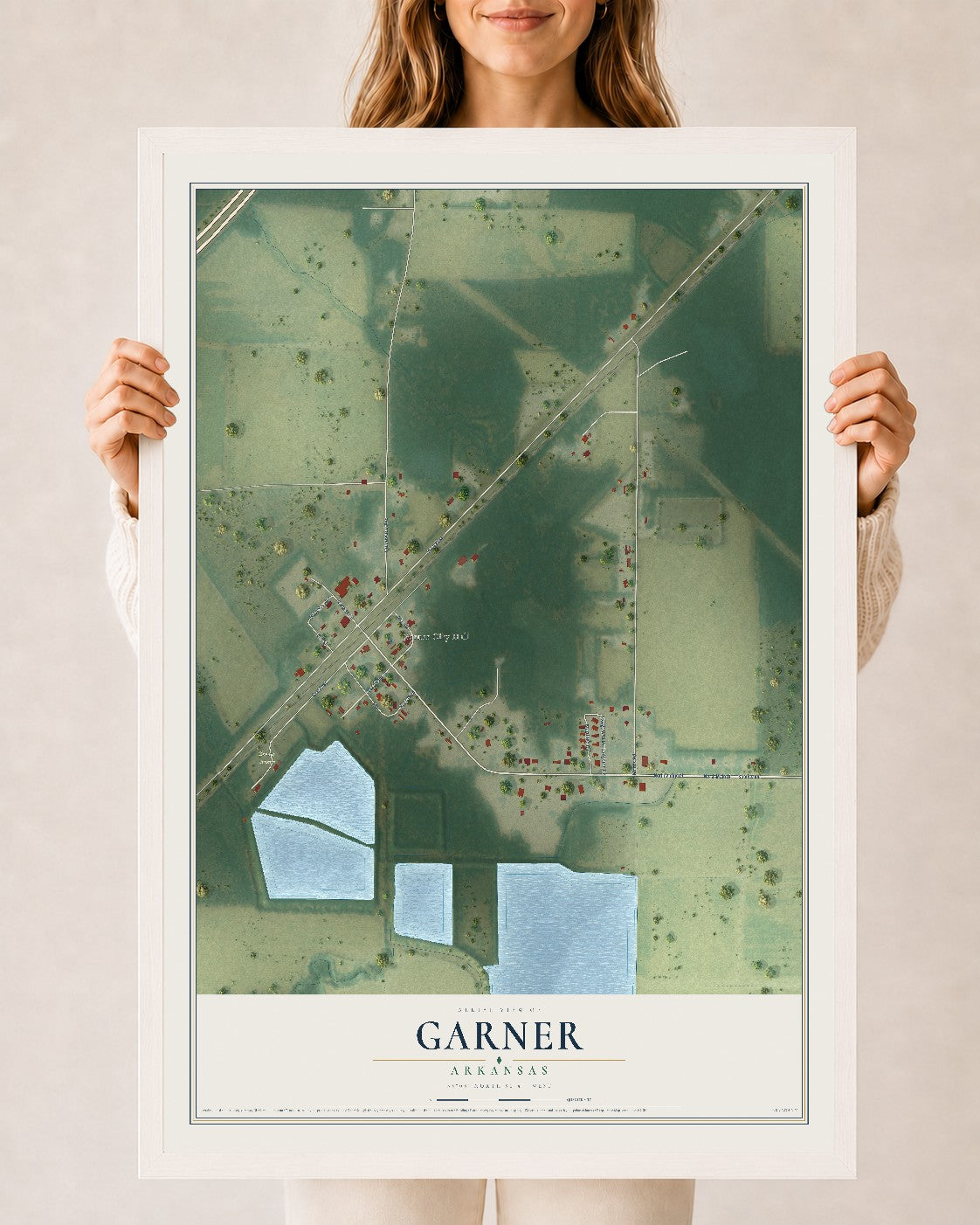 Map of Garner, Arkansas, 24 x 36 inch print in a white wood frame