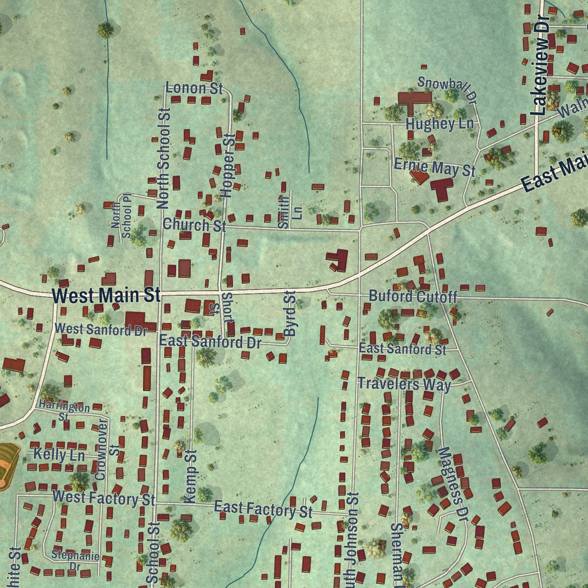 Close-up of the map of Gassville, Arkansas print showing street and building detail