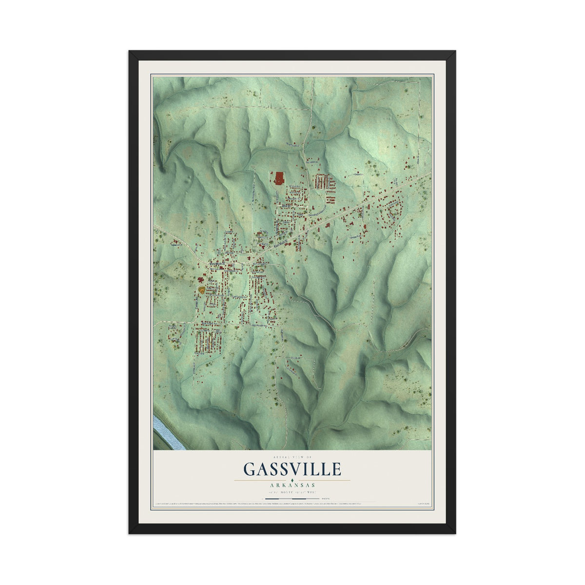 Map of Gassville, Arkansas, 12 x 18 inch print in a black wood frame