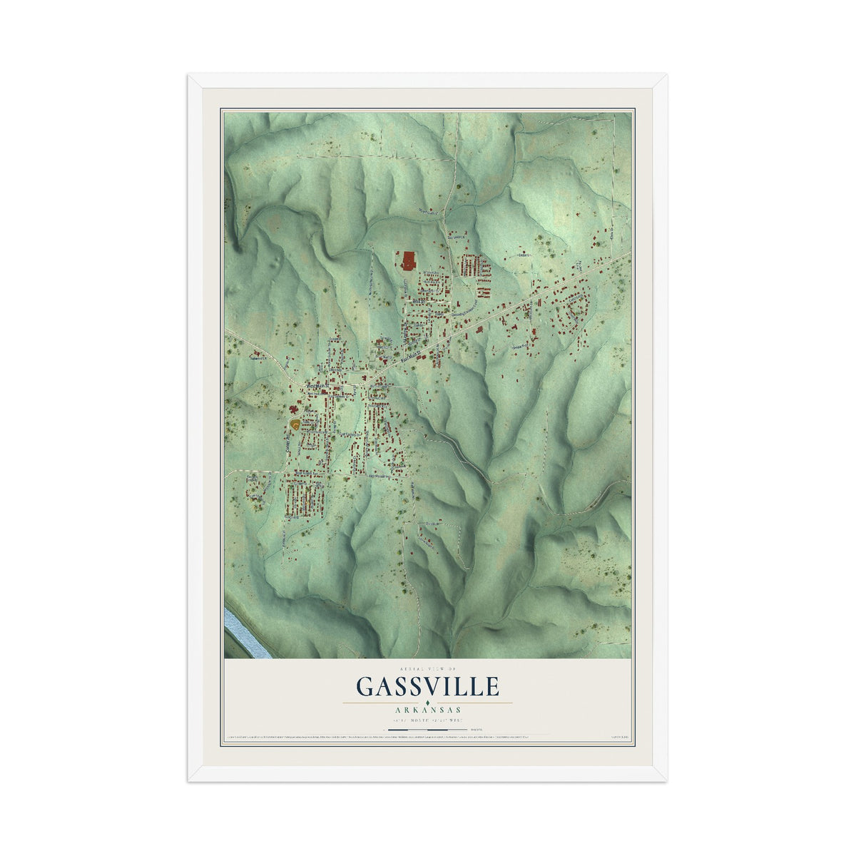 Map of Gassville, Arkansas, 12 x 18 inch print in a white wood frame