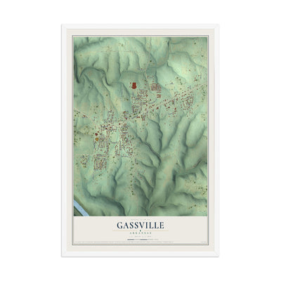 Map of Gassville, Arkansas, 12 x 18 inch print in a white wood frame