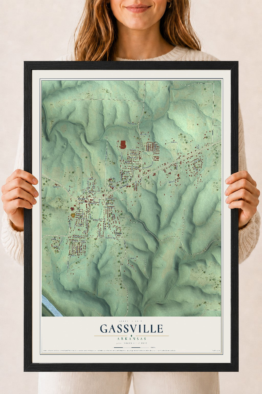 Map of Gassville, Arkansas, 18 x 24 inch print in a black wood frame