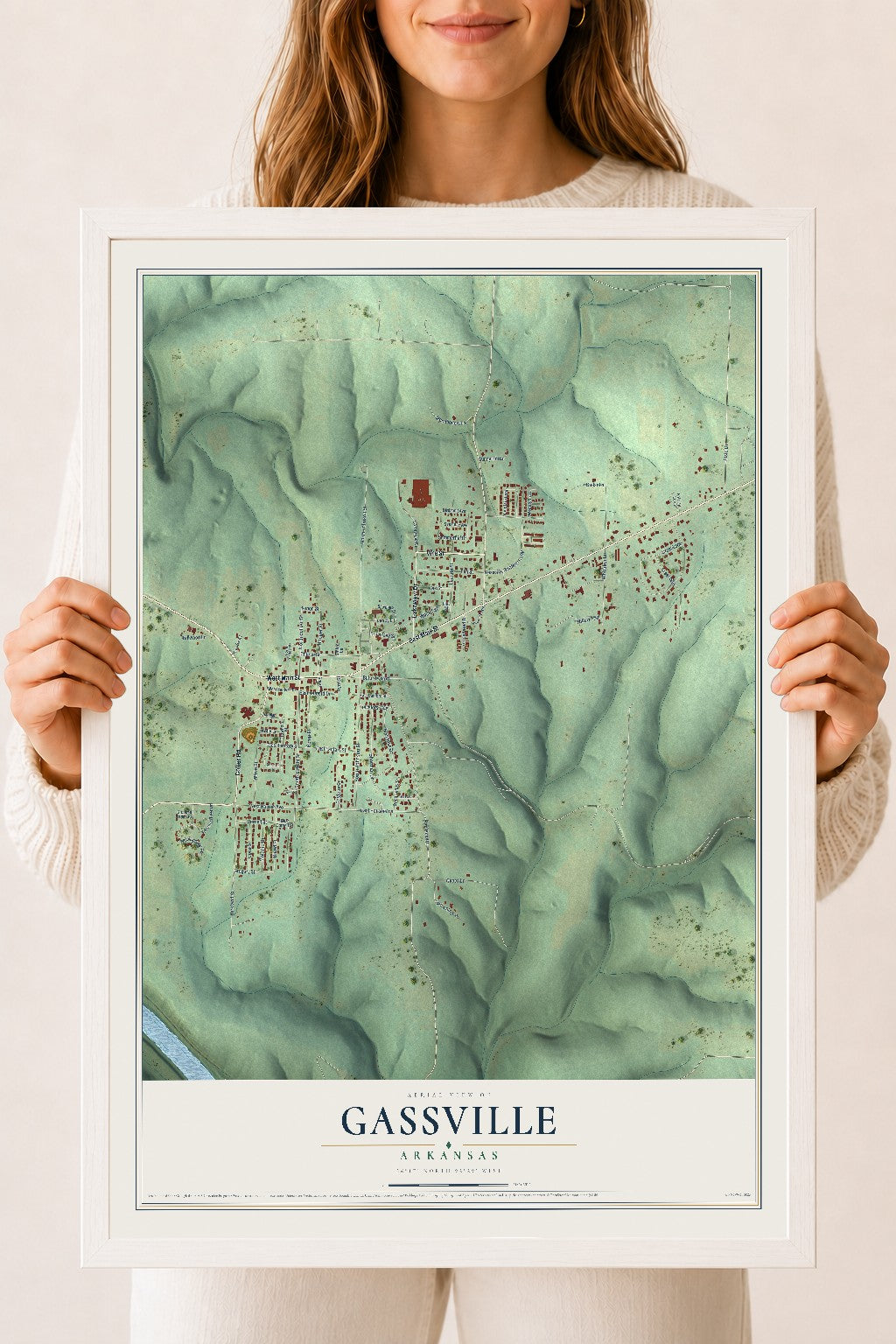 Map of Gassville, Arkansas, 18 x 24 inch print in a white wood frame
