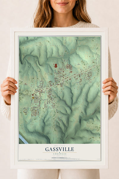 Map of Gassville, Arkansas, 18 x 24 inch print in a white wood frame