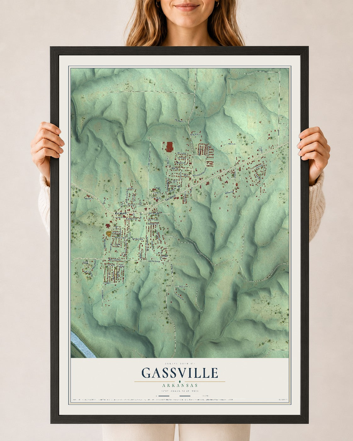 Map of Gassville, Arkansas, 24 x 36 inch print in a black wood frame