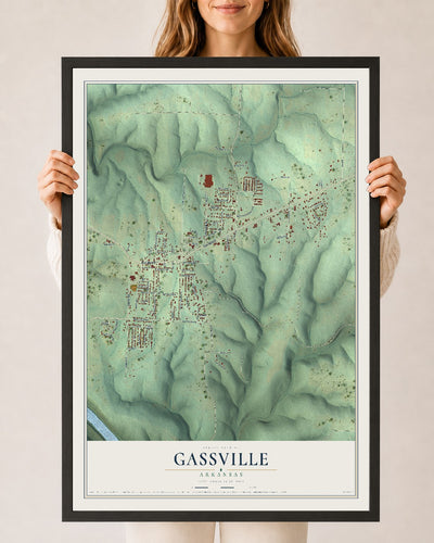 Map of Gassville, Arkansas, 24 x 36 inch print in a black wood frame