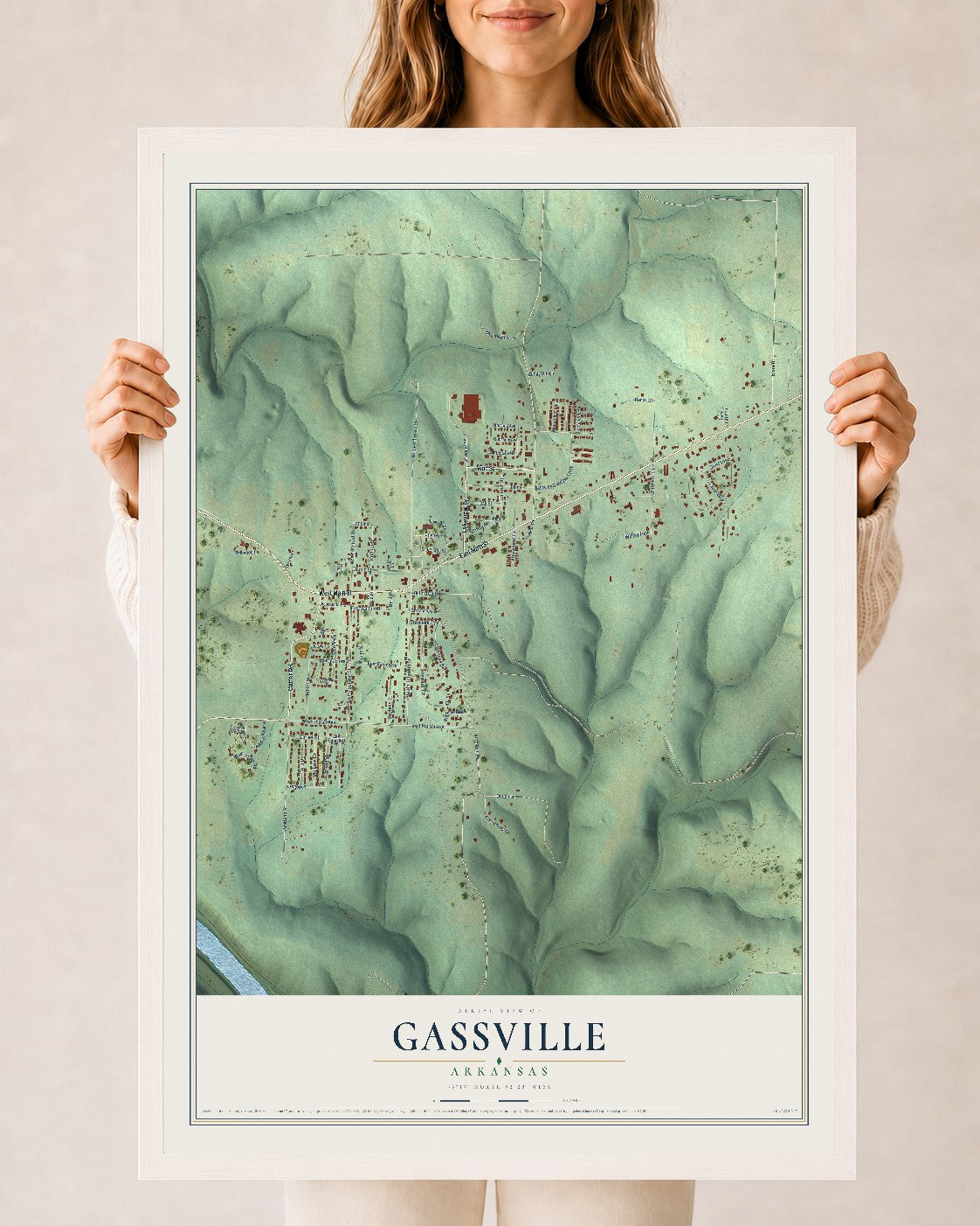 Map of Gassville, Arkansas, 24 x 36 inch print in a white wood frame