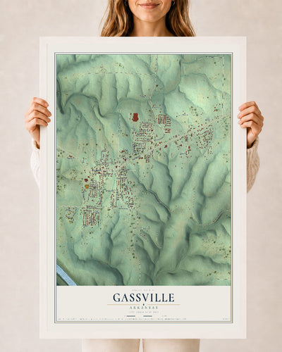 Map of Gassville, Arkansas, 24 x 36 inch print in a white wood frame