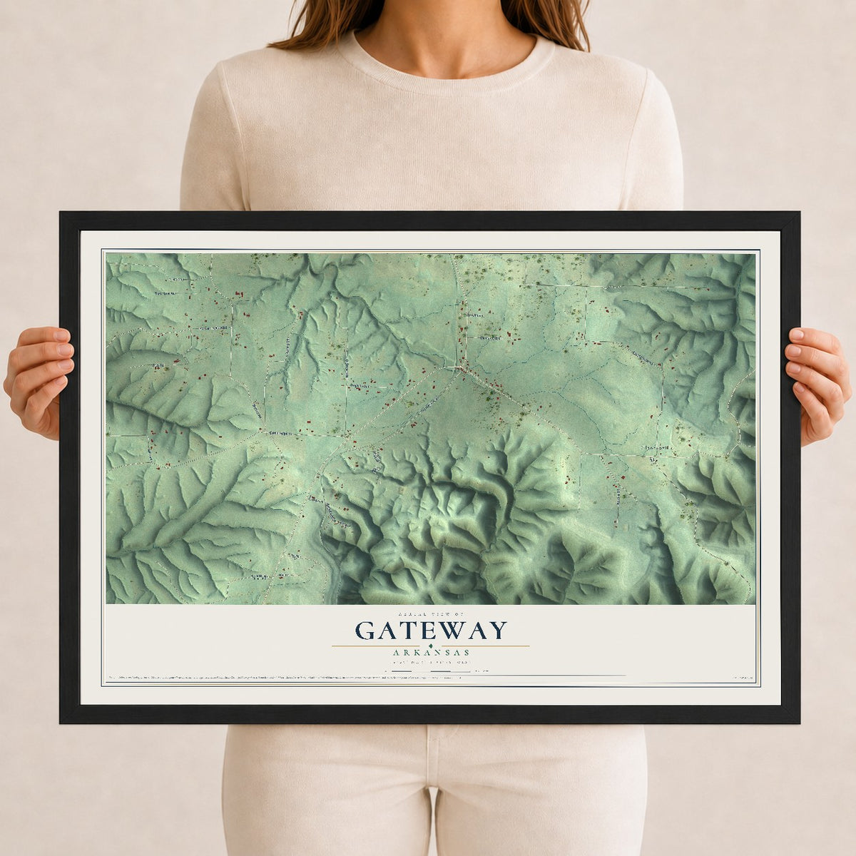 Map of Gateway, Arkansas, 12 x 18 inch print in a black wood frame