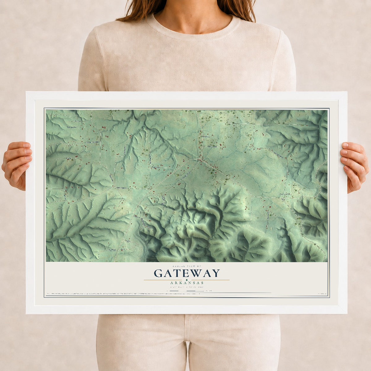Map of Gateway, Arkansas, 12 x 18 inch print in a white wood frame