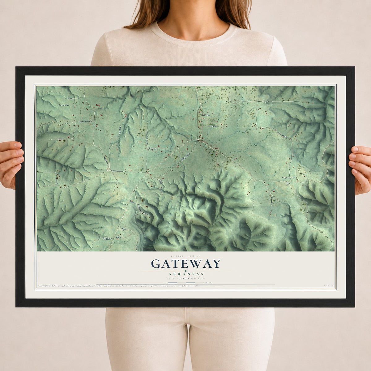Map of Gateway, Arkansas, 18 x 24 inch print in a black wood frame