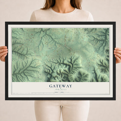 Map of Gateway, Arkansas, 18 x 24 inch print in a black wood frame