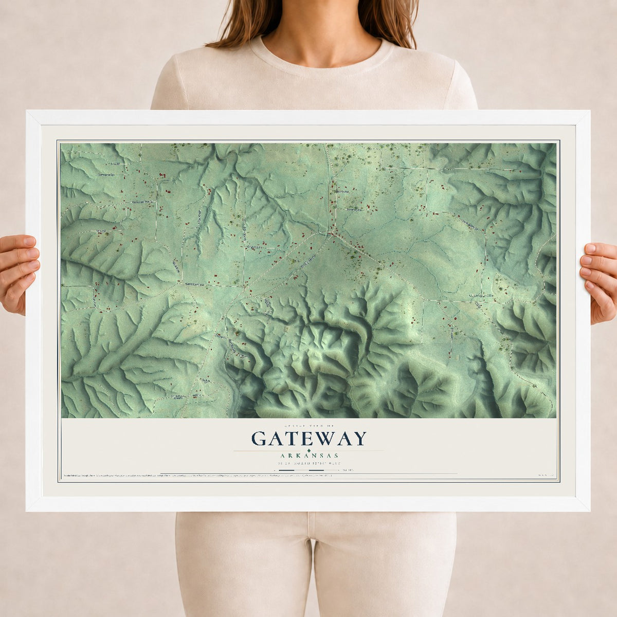 Map of Gateway, Arkansas, 18 x 24 inch print in a white wood frame