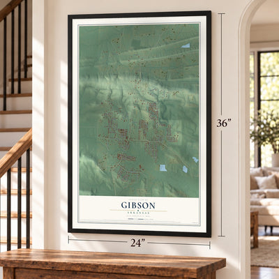 Gibson, Arkansas map, 24 x 36 inch print in a black frame by a staircase