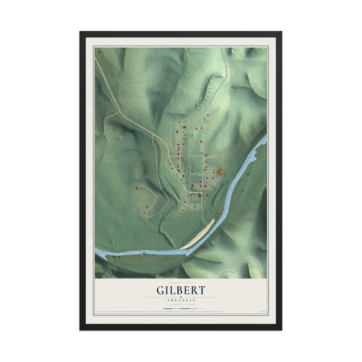 Map of Gilbert, Arkansas, 12 x 18 inch print in a black wood frame