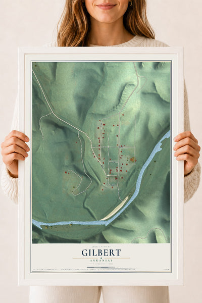 Map of Gilbert, Arkansas, 18 x 24 inch print in a white wood frame