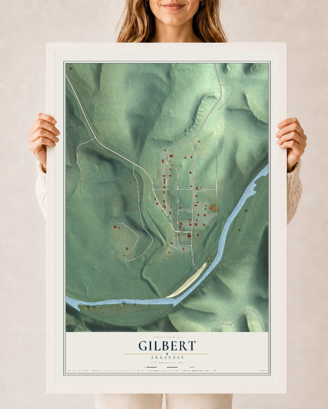 Map of Gilbert, Arkansas, 24 x 36 inch print in a white wood frame