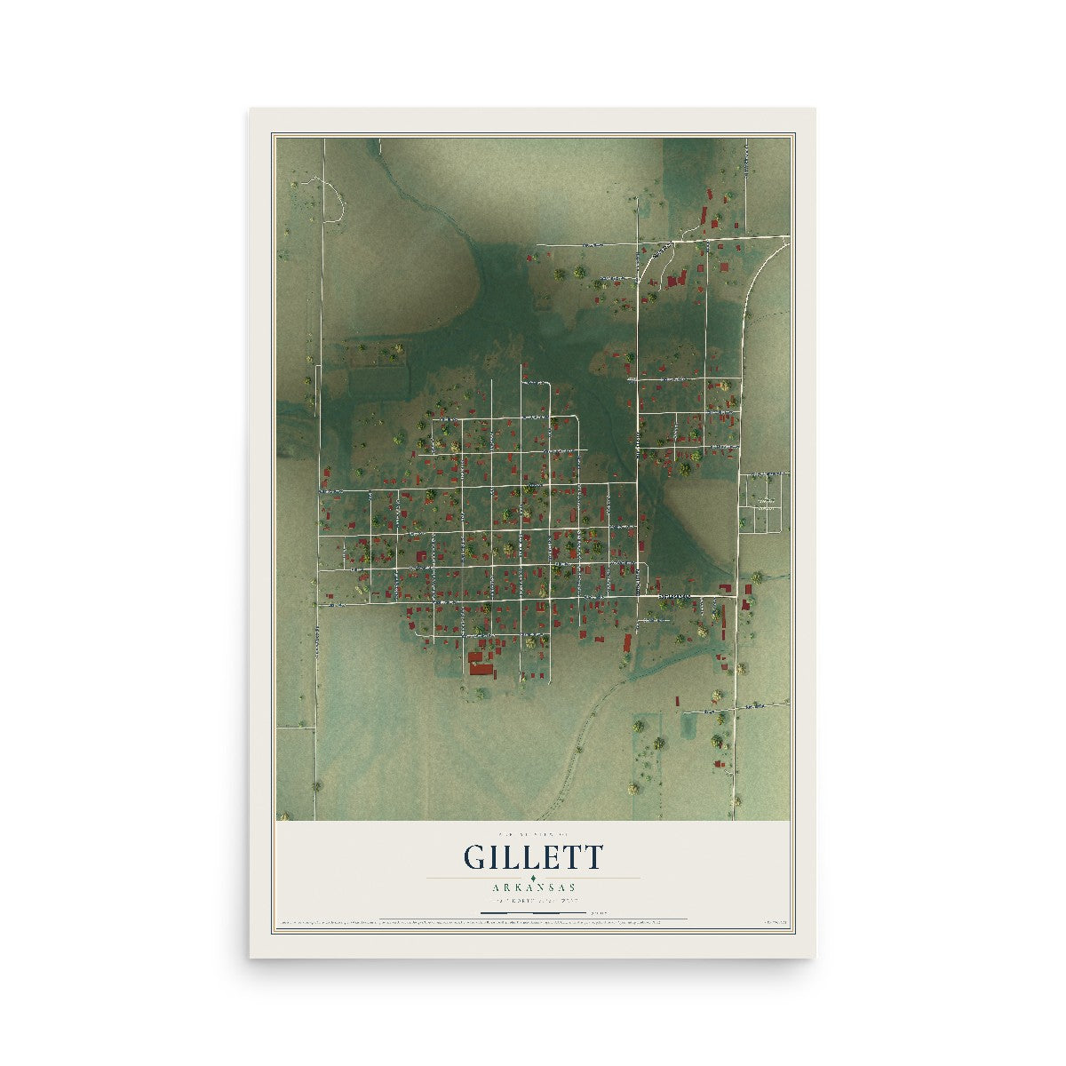 Map of Gillett, Arkansas, 12 x 18 inch unframed archival matte print