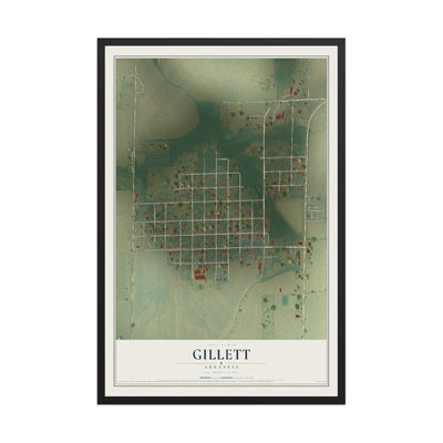 Map of Gillett, Arkansas, 12 x 18 inch print in a black wood frame
