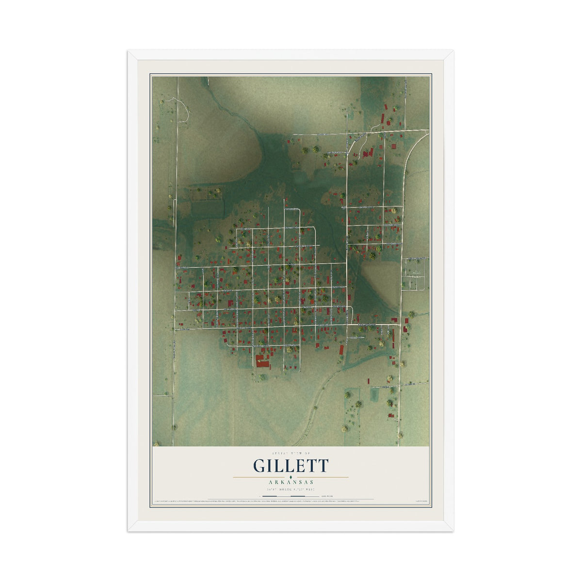 Map of Gillett, Arkansas, 12 x 18 inch print in a white wood frame