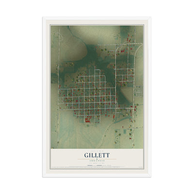 Map of Gillett, Arkansas, 12 x 18 inch print in a white wood frame