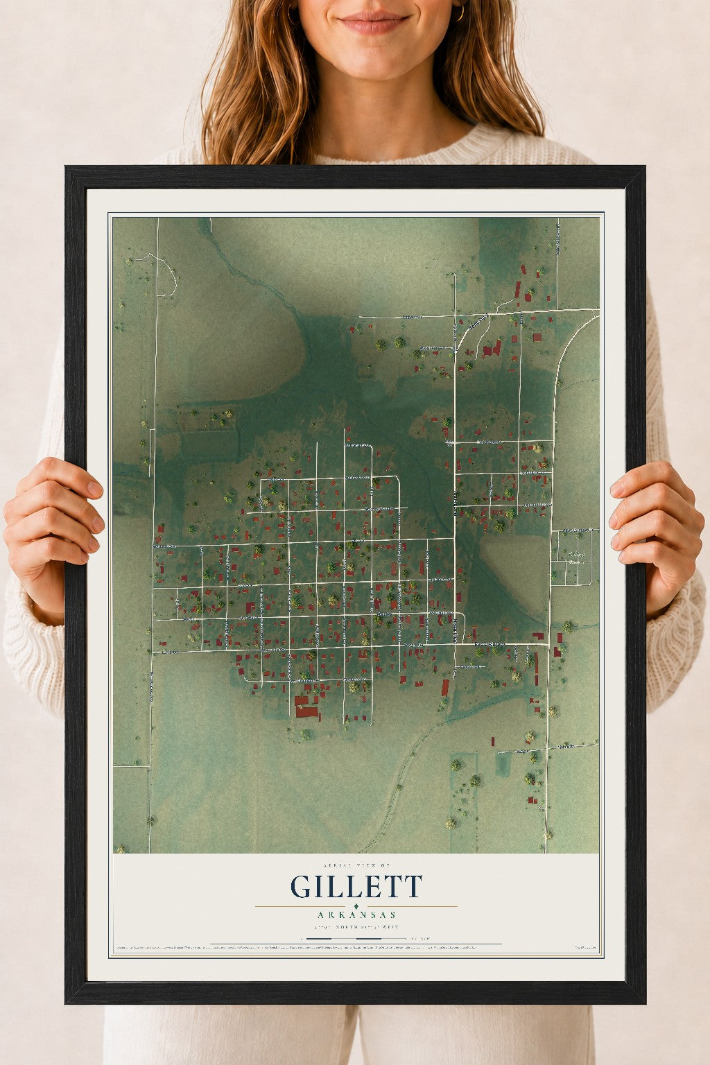 Map of Gillett, Arkansas, 18 x 24 inch print in a black wood frame