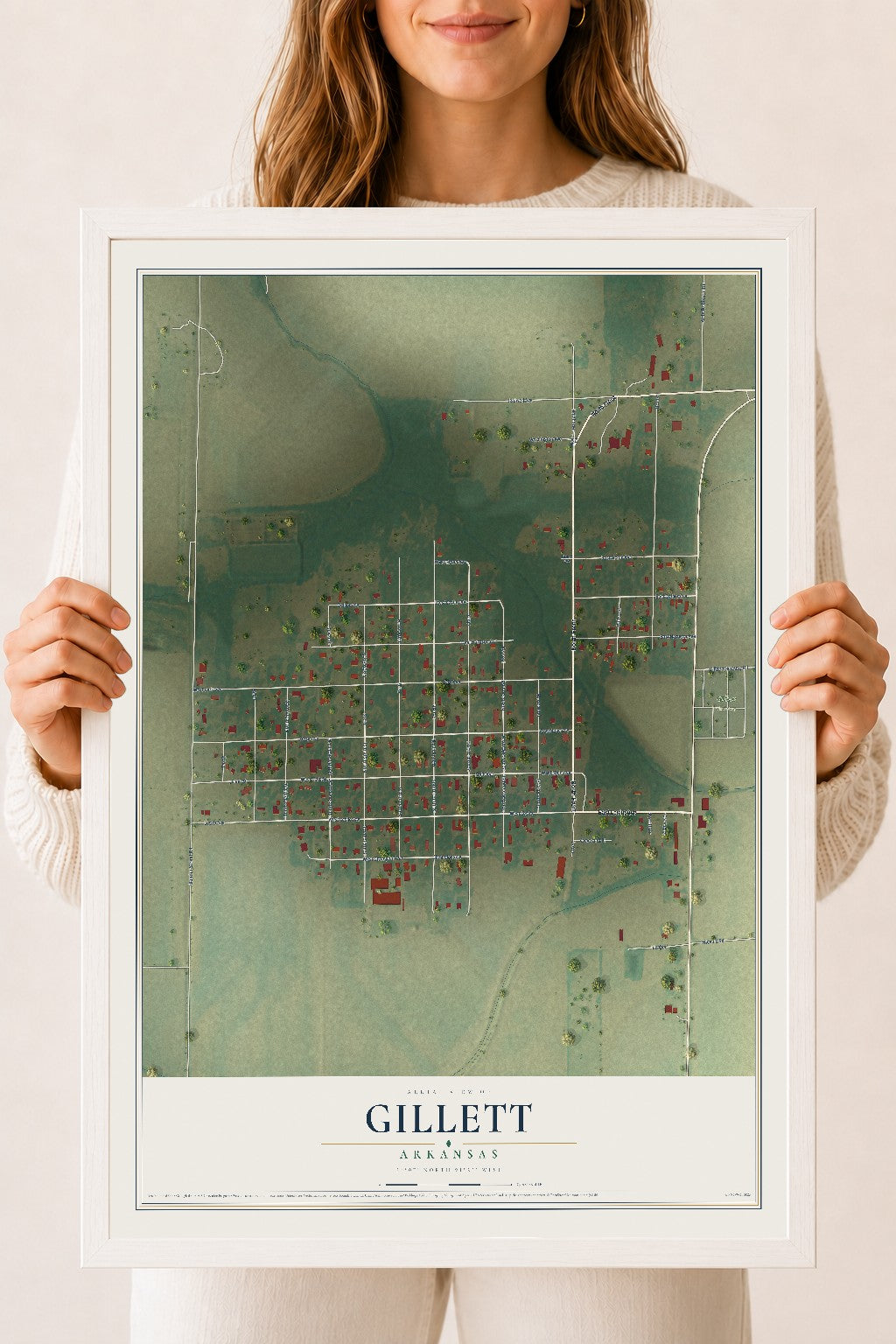 Map of Gillett, Arkansas, 18 x 24 inch print in a white wood frame