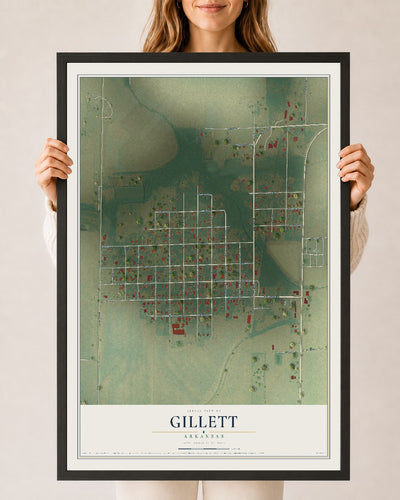Map of Gillett, Arkansas, 24 x 36 inch print in a black wood frame