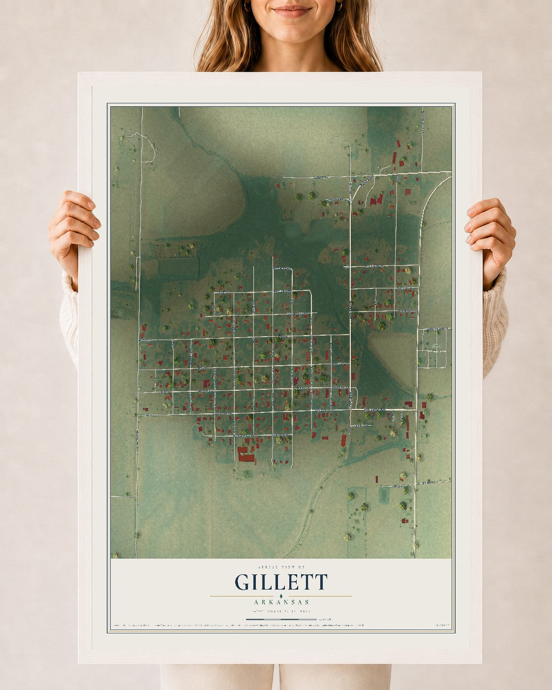 Map of Gillett, Arkansas, 24 x 36 inch print in a white wood frame