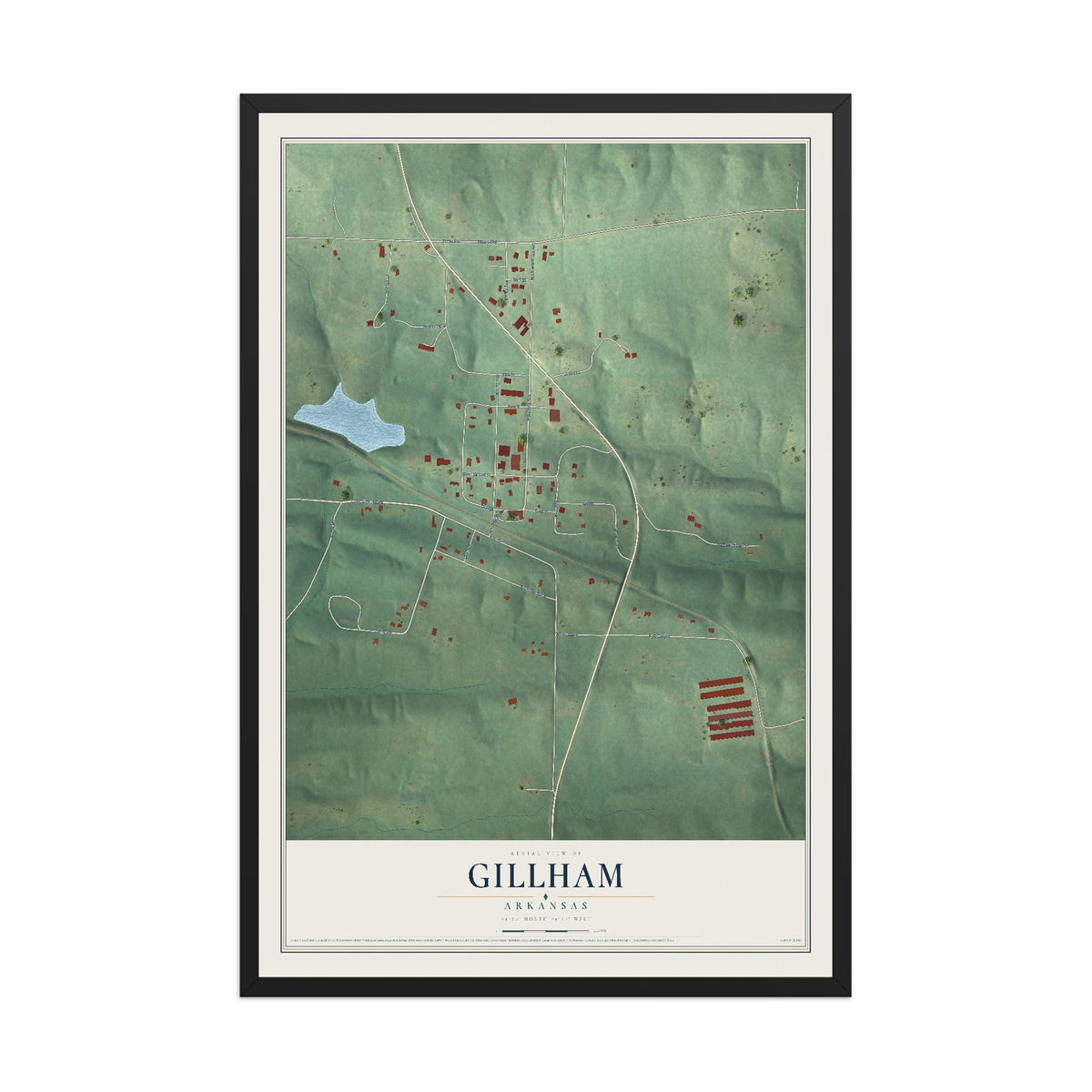 Map of Gillham, Arkansas, 12 x 18 inch print in a black wood frame
