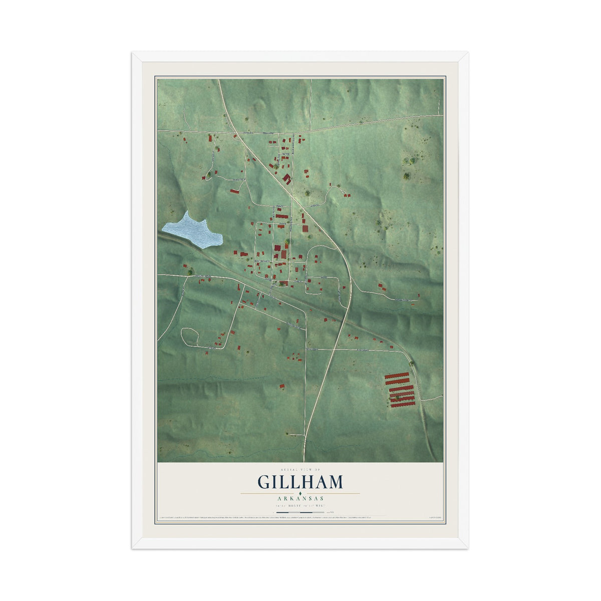 Map of Gillham, Arkansas, 12 x 18 inch print in a white wood frame