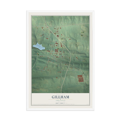 Map of Gillham, Arkansas, 12 x 18 inch print in a white wood frame