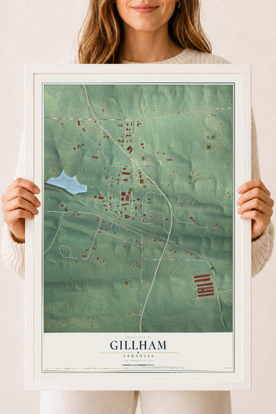 Map of Gillham, Arkansas, 18 x 24 inch print in a white wood frame