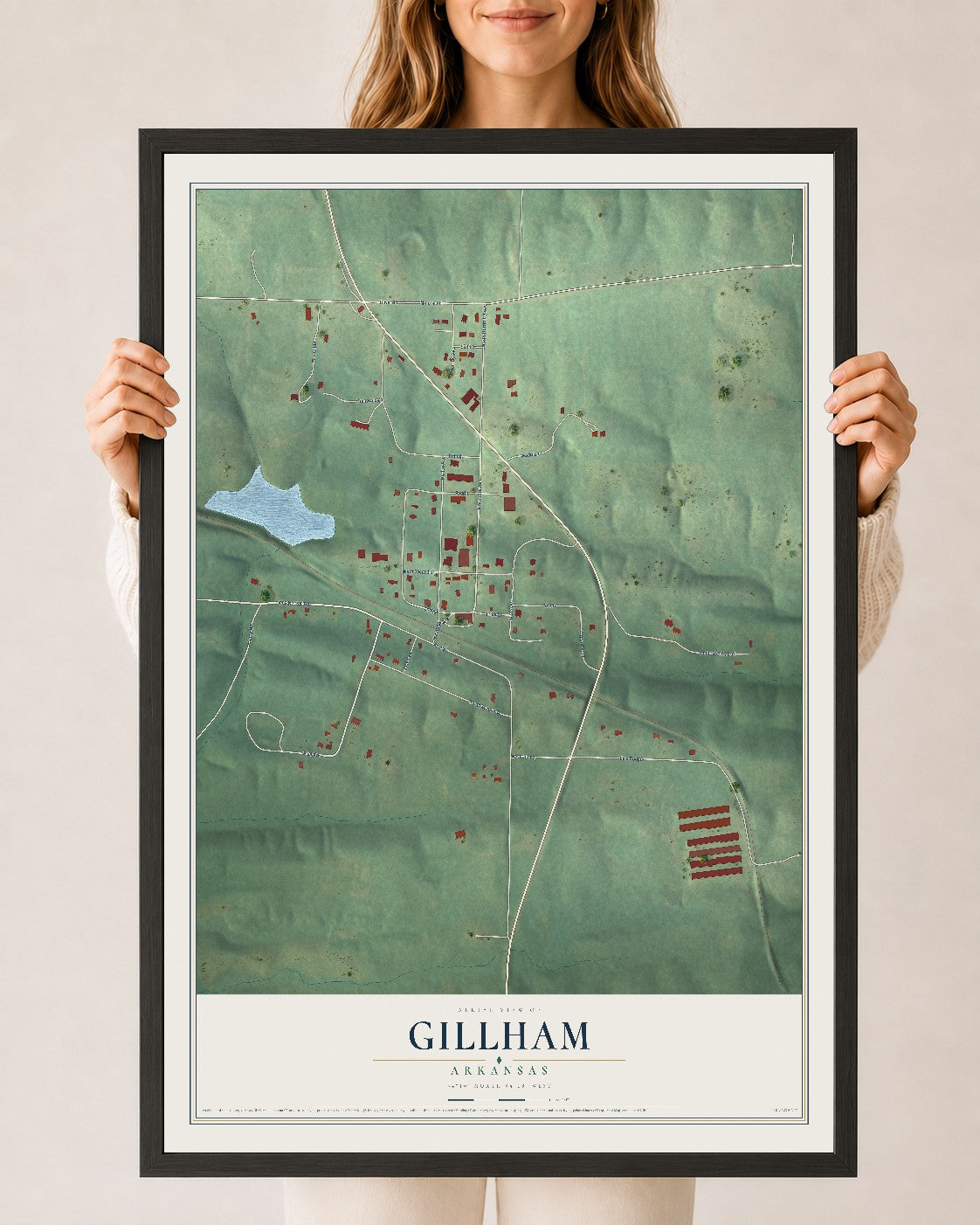 Map of Gillham, Arkansas, 24 x 36 inch print in a black wood frame