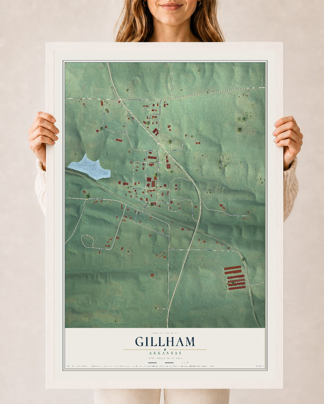 Map of Gillham, Arkansas, 24 x 36 inch print in a white wood frame