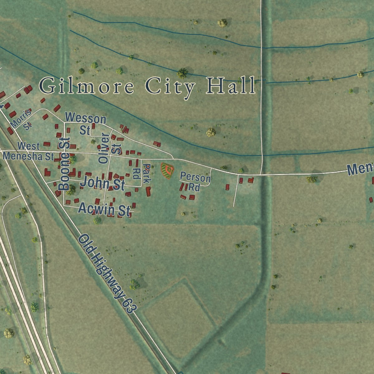 Second close-up of the map of Gilmore, Arkansas print showing more streets and buildings