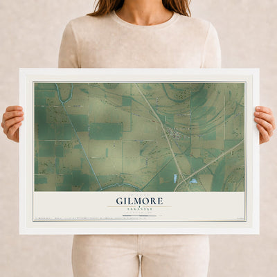 Map of Gilmore, Arkansas, 12 x 18 inch print in a white wood frame