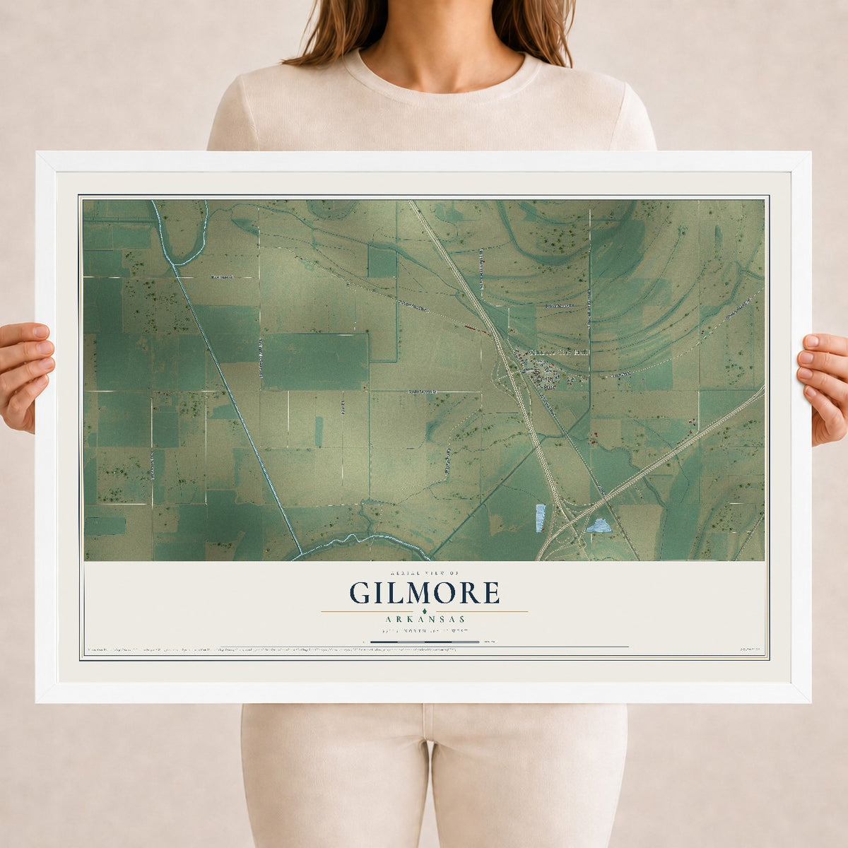Map of Gilmore, Arkansas, 18 x 24 inch print in a white wood frame