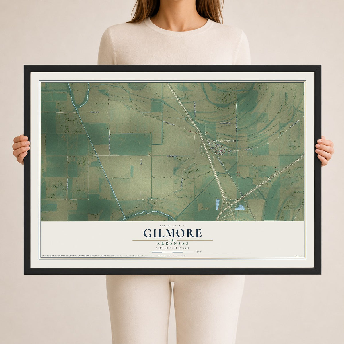 Map of Gilmore, Arkansas, 24 x 36 inch print in a black wood frame
