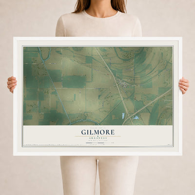 Map of Gilmore, Arkansas, 24 x 36 inch print in a white wood frame