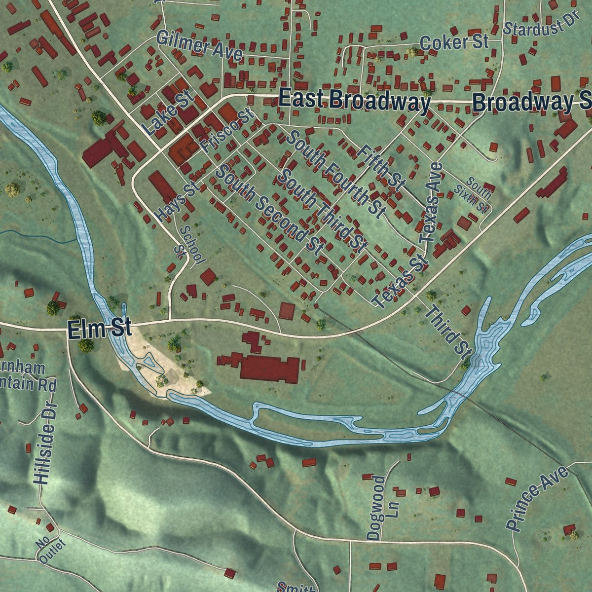 Close-up of the map of Glenwood, Arkansas print showing street and building detail