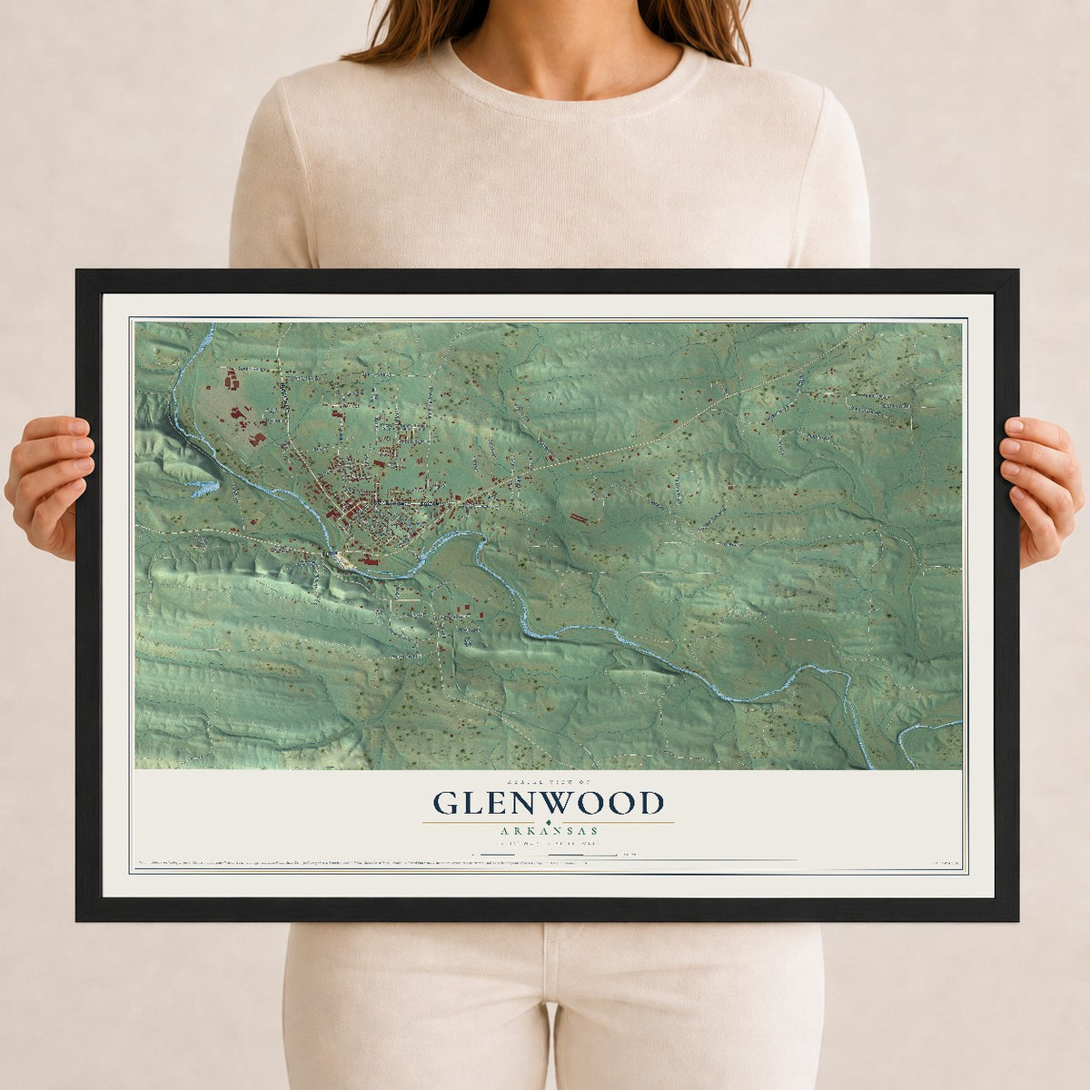 Map of Glenwood, Arkansas, 12 x 18 inch print in a black wood frame