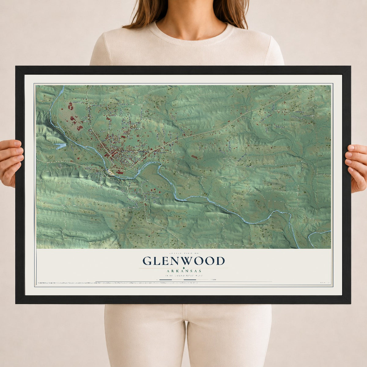 Map of Glenwood, Arkansas, 18 x 24 inch print in a black wood frame