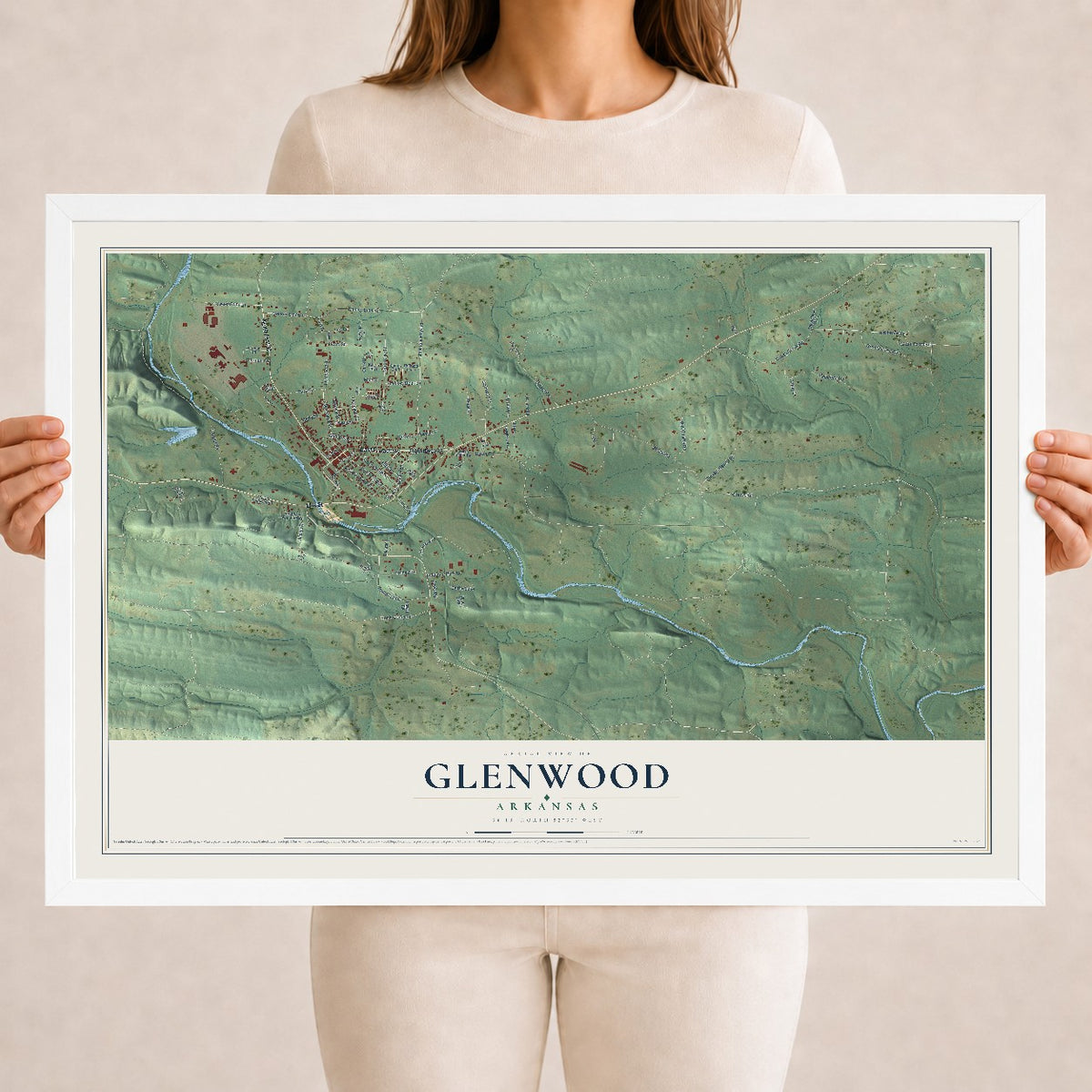 Map of Glenwood, Arkansas, 18 x 24 inch print in a white wood frame
